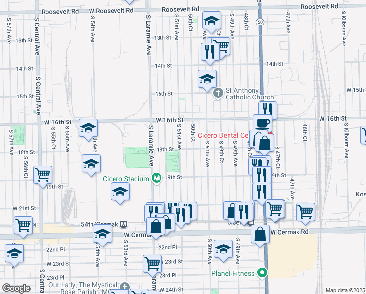 map of restaurants, bars, coffee shops, grocery stores, and more near 1623 South 51st Avenue in Cicero