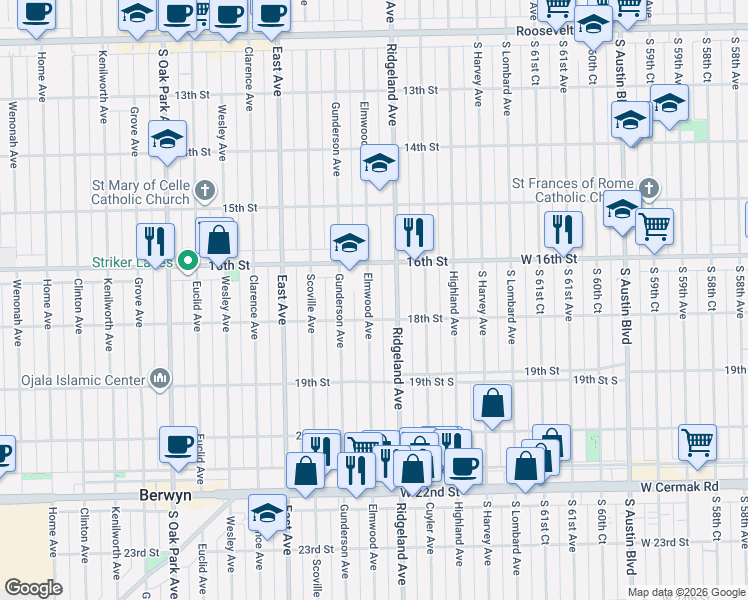 map of restaurants, bars, coffee shops, grocery stores, and more near 1611 Elmwood Avenue in Berwyn