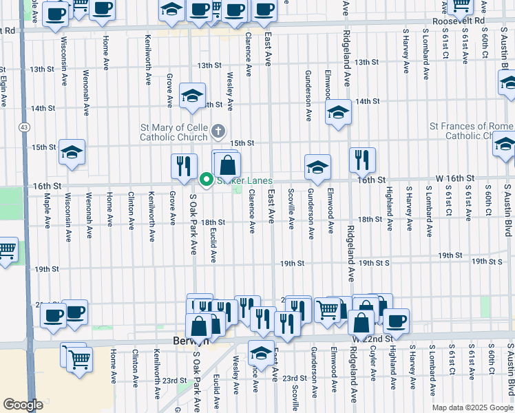 map of restaurants, bars, coffee shops, grocery stores, and more near 1612 East Avenue in Berwyn