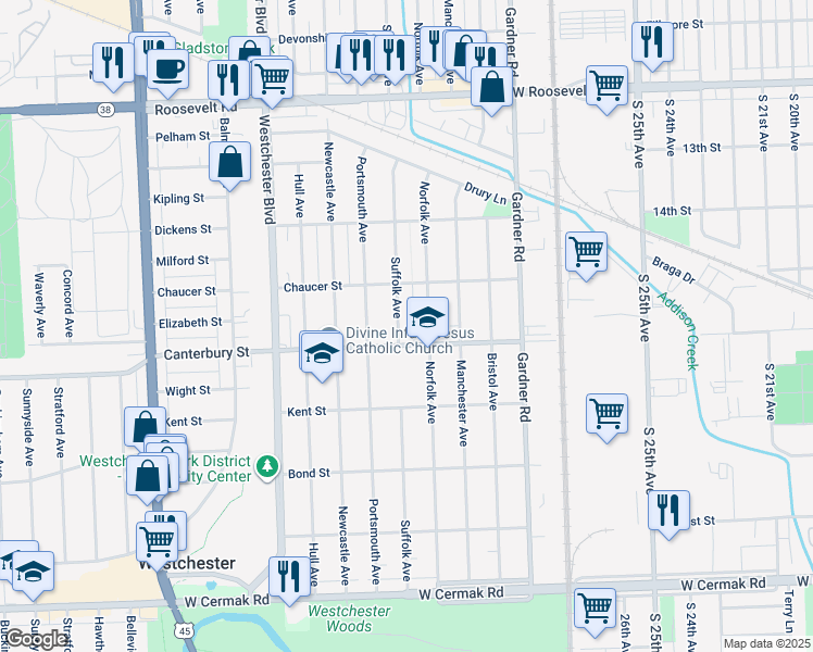 map of restaurants, bars, coffee shops, grocery stores, and more near 1516 Norfolk Avenue in Westchester