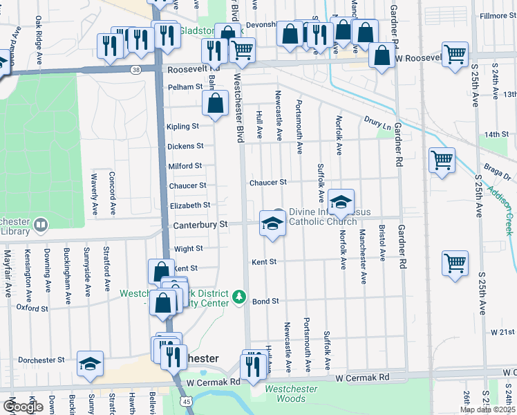 map of restaurants, bars, coffee shops, grocery stores, and more near 1515 Hull Avenue in Westchester