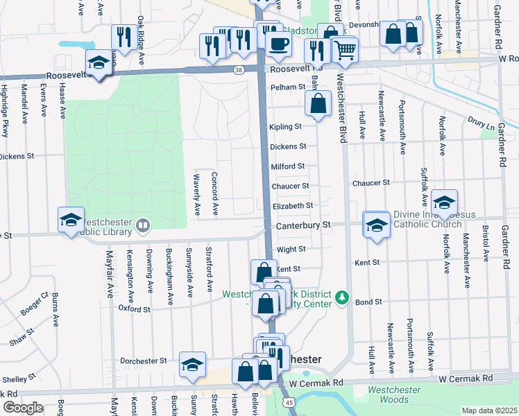 map of restaurants, bars, coffee shops, grocery stores, and more near 10351 Chaucer Street in Westchester