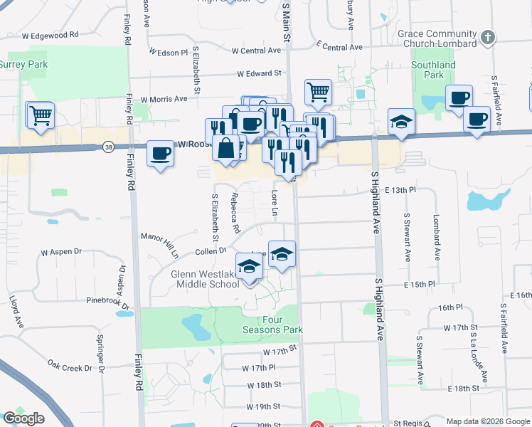 map of restaurants, bars, coffee shops, grocery stores, and more near 1320A Lore Lane in Lombard
