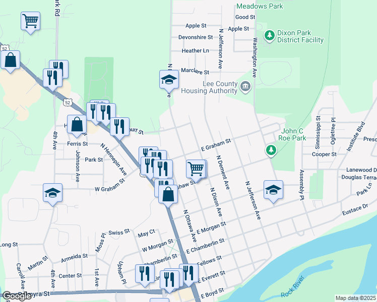 map of restaurants, bars, coffee shops, grocery stores, and more near 924 North Brinton Avenue in Dixon