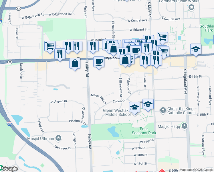 map of restaurants, bars, coffee shops, grocery stores, and more near 1321 Finley Road in Lombard