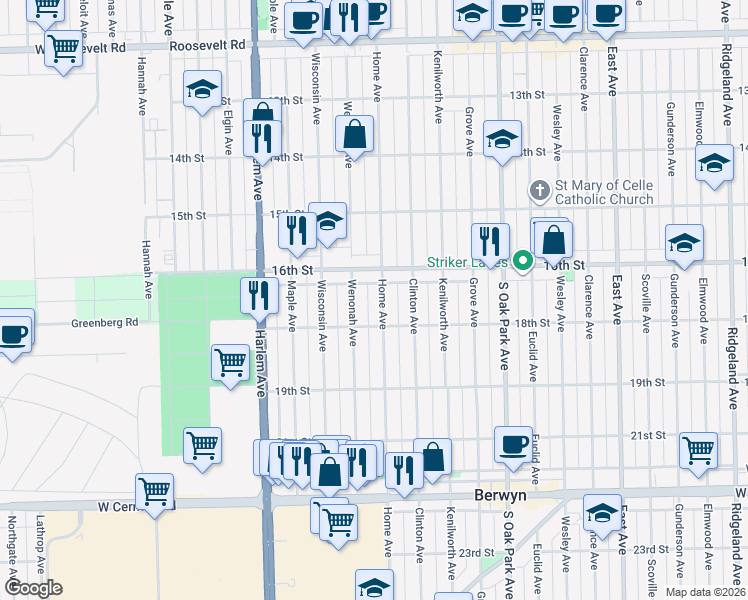 map of restaurants, bars, coffee shops, grocery stores, and more near 7014 16th Street in Berwyn