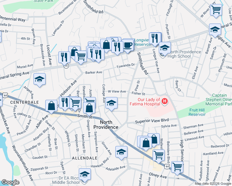 map of restaurants, bars, coffee shops, grocery stores, and more near 11 West View Avenue in North Providence