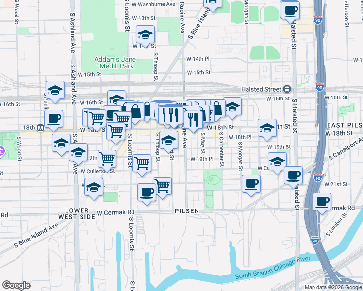 map of restaurants, bars, coffee shops, grocery stores, and more near 1813 South Allport Street in Chicago