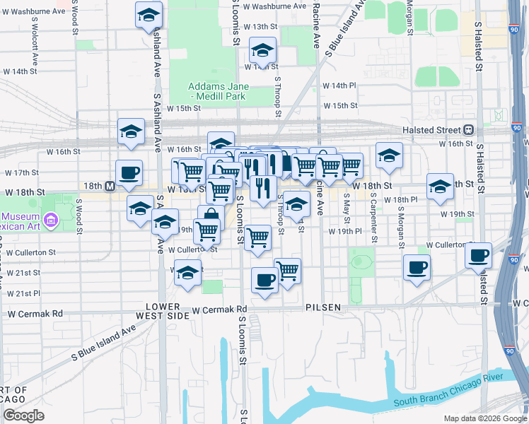 map of restaurants, bars, coffee shops, grocery stores, and more near 1323 West 18th Place in Chicago