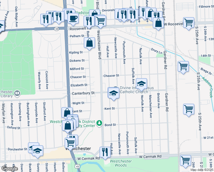 map of restaurants, bars, coffee shops, grocery stores, and more near 1515 Hull Avenue in Westchester