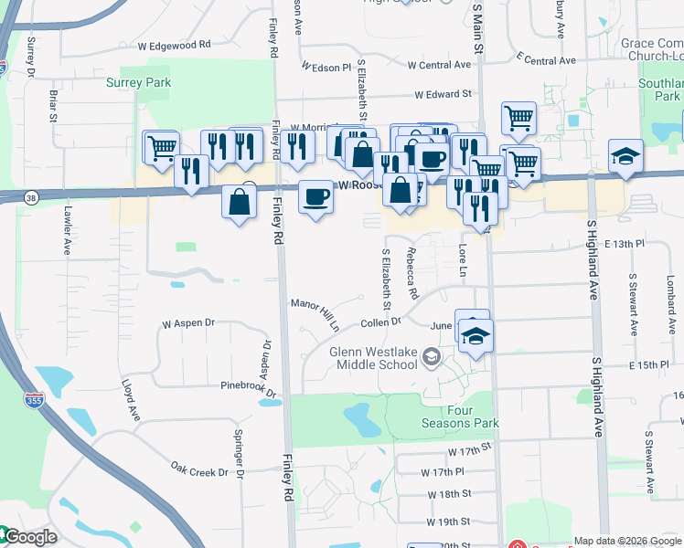 map of restaurants, bars, coffee shops, grocery stores, and more near 1301 South Finley Road in Lombard
