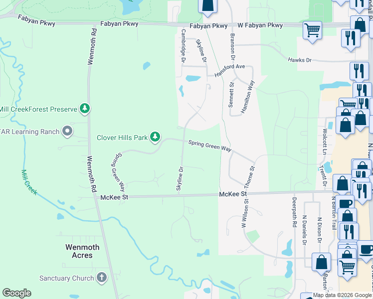 map of restaurants, bars, coffee shops, grocery stores, and more near S789 Skyline Drive in Batavia