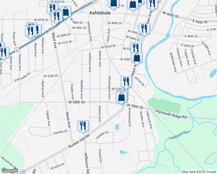 map of restaurants, bars, coffee shops, grocery stores, and more near 603 West 57th Street in Ashtabula