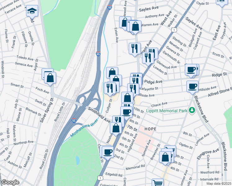 map of restaurants, bars, coffee shops, grocery stores, and more near 50 Ann Mary Street in Pawtucket