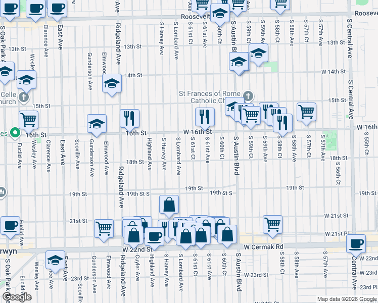 map of restaurants, bars, coffee shops, grocery stores, and more near 1615 South Lombard Avenue in Cicero