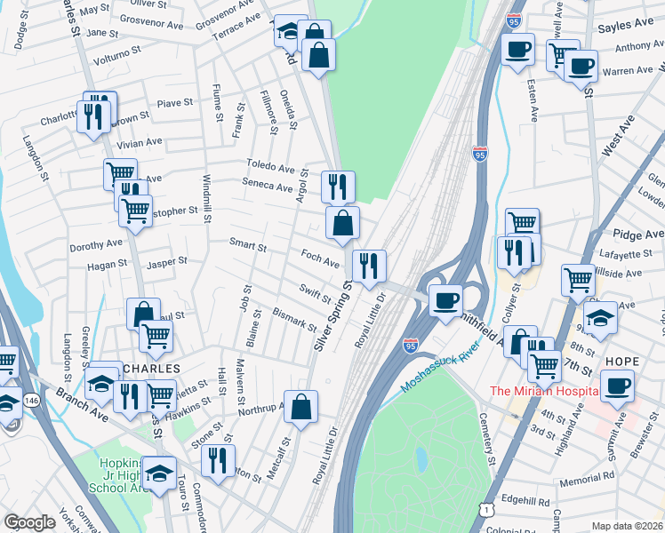 map of restaurants, bars, coffee shops, grocery stores, and more near 20 Foch Avenue in Providence