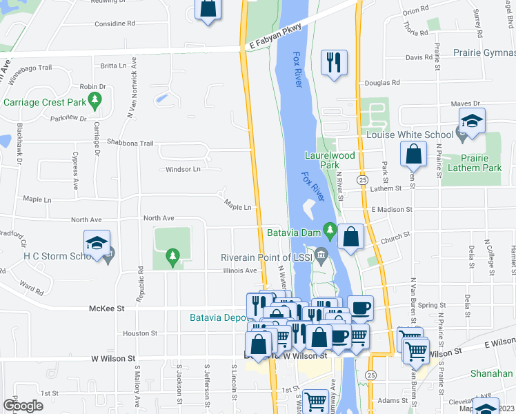 map of restaurants, bars, coffee shops, grocery stores, and more near N Batavia Ave in Batavia