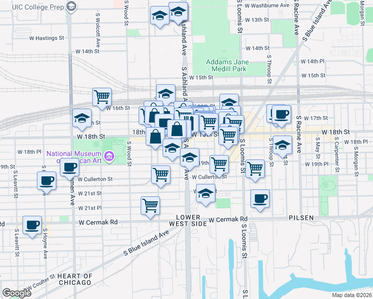 map of restaurants, bars, coffee shops, grocery stores, and more near South Ashland Avenue & West 18th Place in Chicago