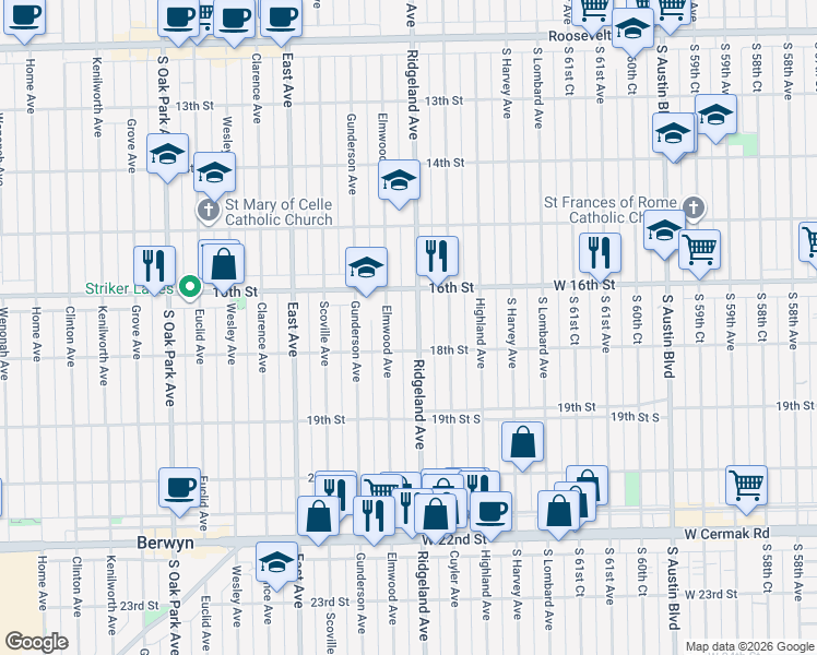 map of restaurants, bars, coffee shops, grocery stores, and more near 1611 Elmwood Avenue in Berwyn