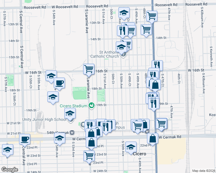 map of restaurants, bars, coffee shops, grocery stores, and more near 1623 South 51st Avenue in Cicero