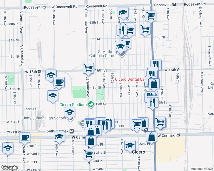map of restaurants, bars, coffee shops, grocery stores, and more near 1623 South 51st Avenue in Cicero