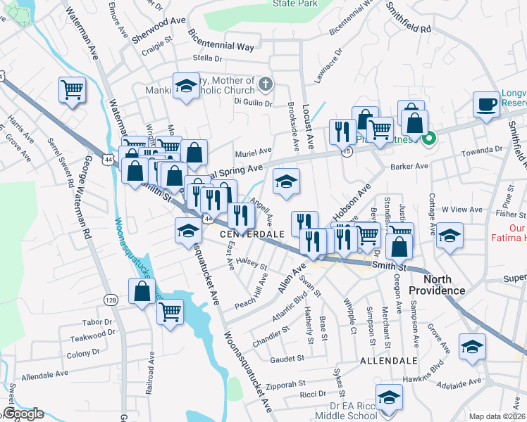 map of restaurants, bars, coffee shops, grocery stores, and more near 16 Brown Avenue in North Providence