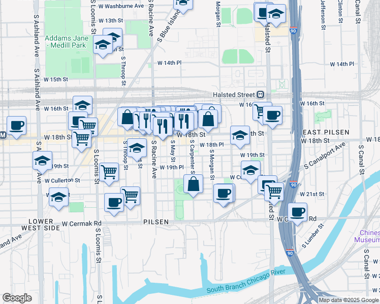 map of restaurants, bars, coffee shops, grocery stores, and more near 1836 South Carpenter Street in Chicago