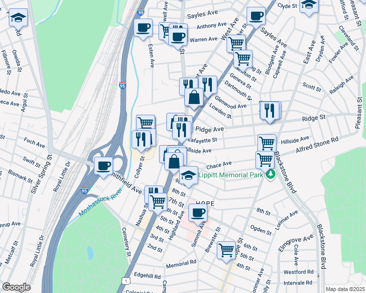 map of restaurants, bars, coffee shops, grocery stores, and more near 588 Pawtucket Avenue in Pawtucket