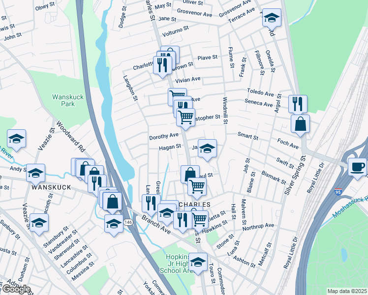 map of restaurants, bars, coffee shops, grocery stores, and more near 769 Charles Street in Providence