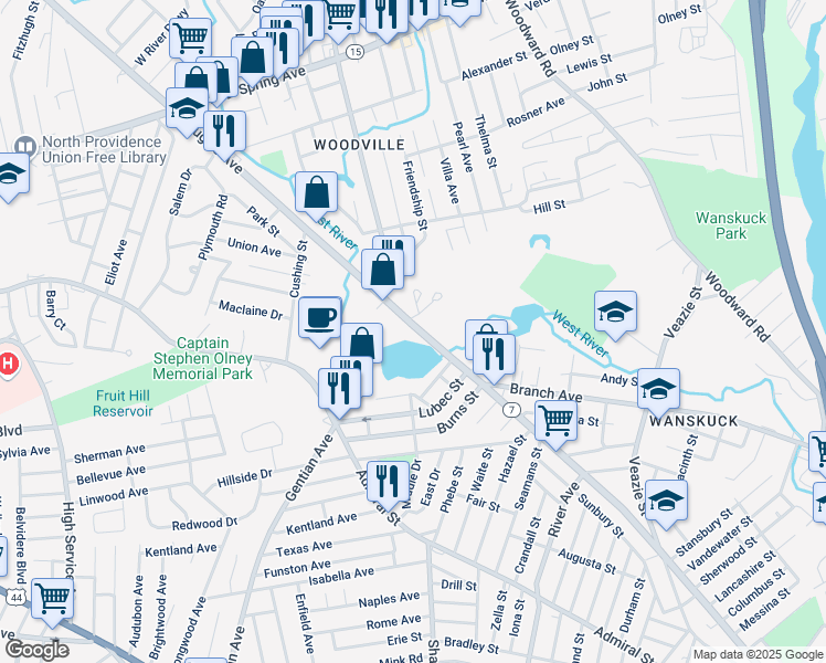 map of restaurants, bars, coffee shops, grocery stores, and more near in North Providence