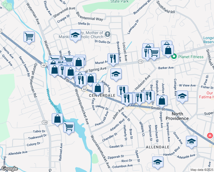 map of restaurants, bars, coffee shops, grocery stores, and more near 16 Brown Avenue in North Providence