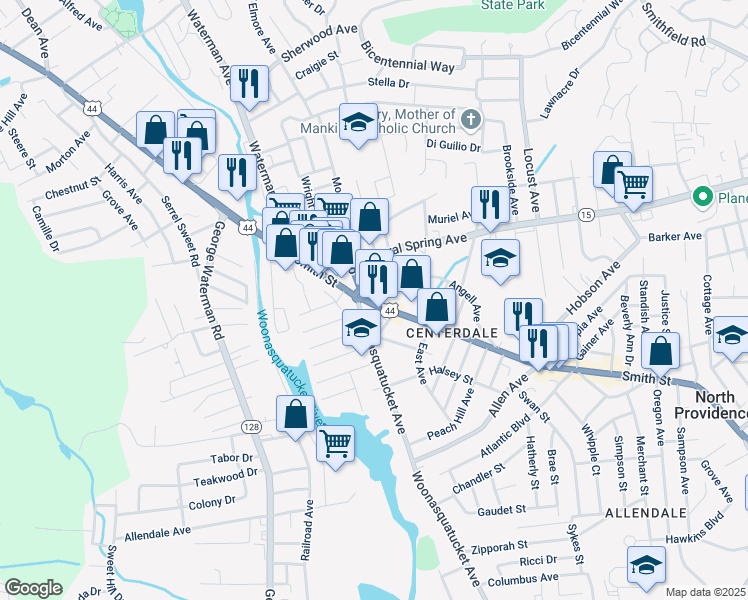 map of restaurants, bars, coffee shops, grocery stores, and more near 117 Angell Avenue in North Providence