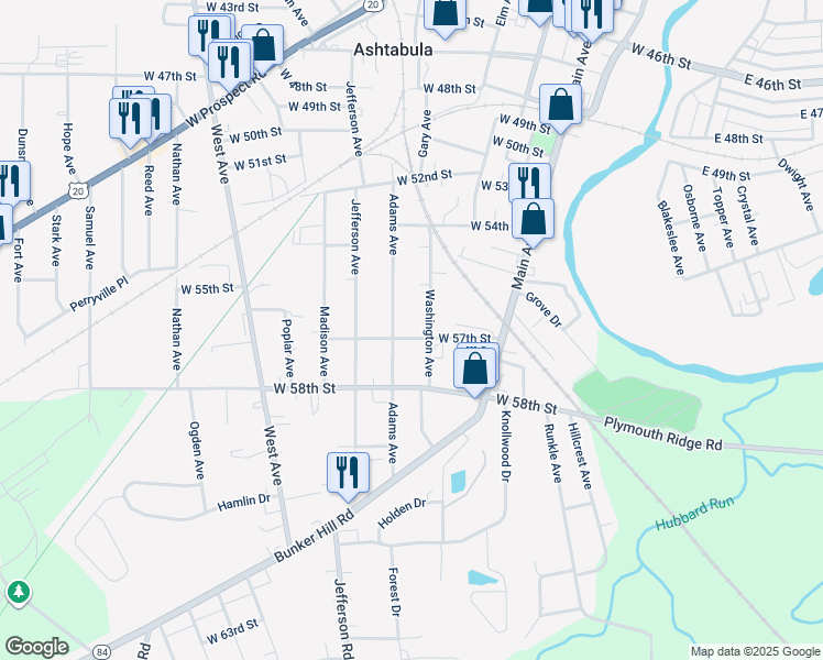 map of restaurants, bars, coffee shops, grocery stores, and more near 5553 Washington Avenue in Ashtabula