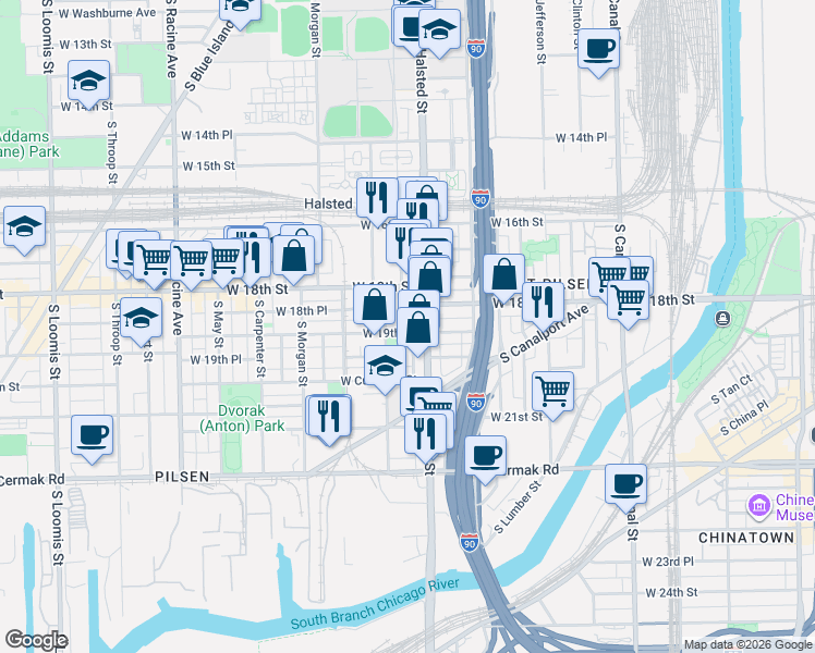 map of restaurants, bars, coffee shops, grocery stores, and more near 1817 South Peoria Street in Chicago