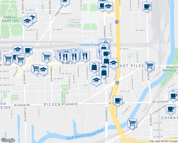 map of restaurants, bars, coffee shops, grocery stores, and more near 924 West 18th Place in Chicago