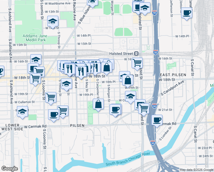 map of restaurants, bars, coffee shops, grocery stores, and more near 1020 West 18th Place in Chicago