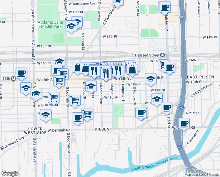 map of restaurants, bars, coffee shops, grocery stores, and more near 1157 West 18th Street in Chicago