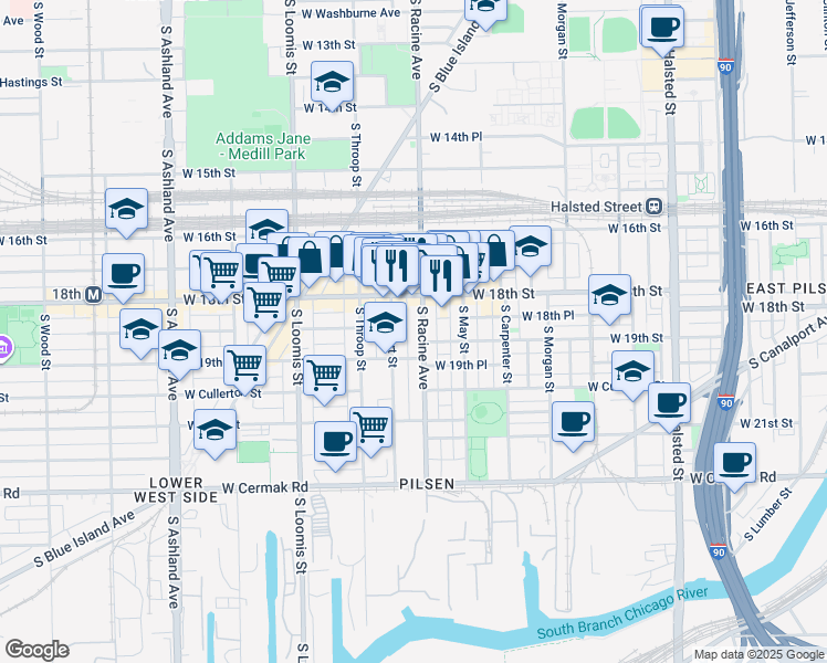 map of restaurants, bars, coffee shops, grocery stores, and more near 1813 South Allport Street in Chicago
