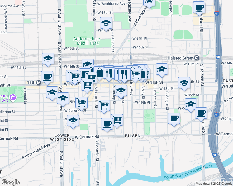 map of restaurants, bars, coffee shops, grocery stores, and more near 1309 West 18th Street in Chicago