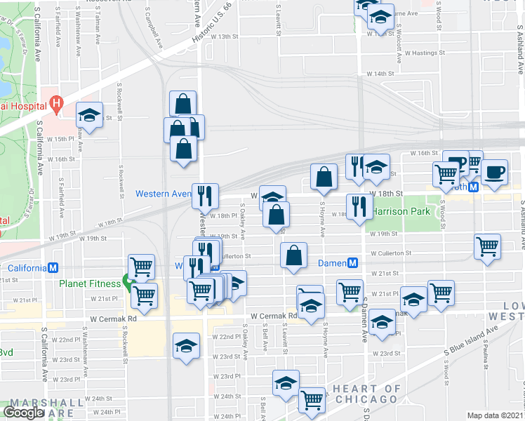 map of restaurants, bars, coffee shops, grocery stores, and more near 2239 West 18th Street in Chicago