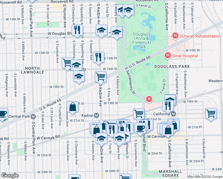 map of restaurants, bars, coffee shops, grocery stores, and more near 1656 South Albany Avenue in Chicago