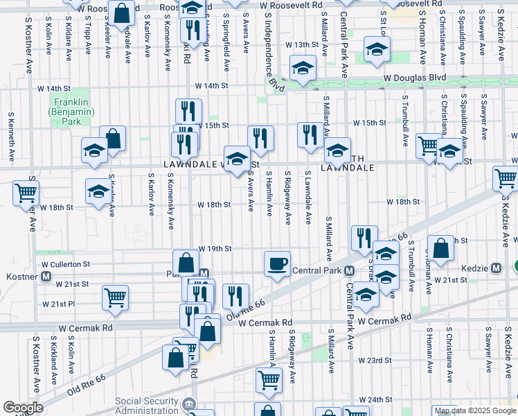 map of restaurants, bars, coffee shops, grocery stores, and more near 1650 South Hamlin Avenue in Chicago