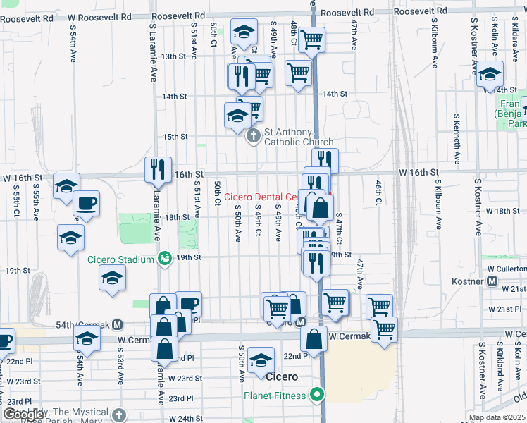 map of restaurants, bars, coffee shops, grocery stores, and more near 1622 South 49th Court in Cicero
