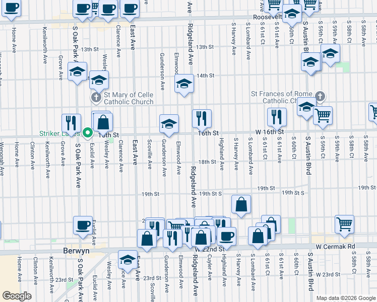 map of restaurants, bars, coffee shops, grocery stores, and more near 1611 Elmwood Avenue in Berwyn