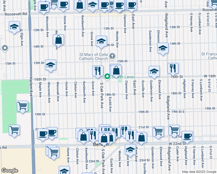 map of restaurants, bars, coffee shops, grocery stores, and more near 6716 16th Street in Berwyn