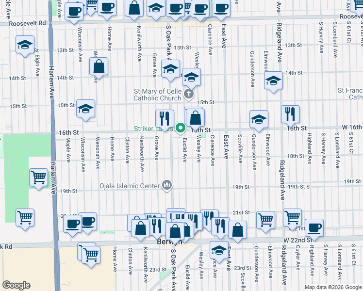 map of restaurants, bars, coffee shops, grocery stores, and more near 6716 16th Street in Berwyn