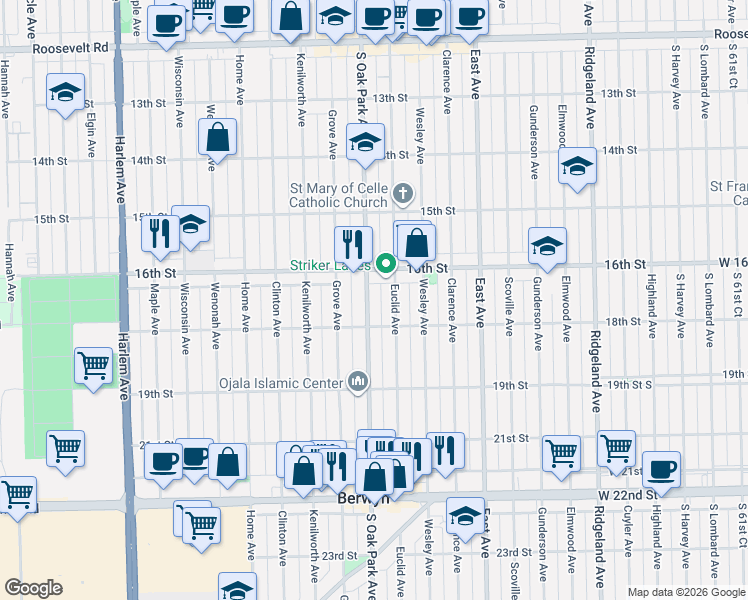 map of restaurants, bars, coffee shops, grocery stores, and more near 1607 Oak Park Avenue in Berwyn