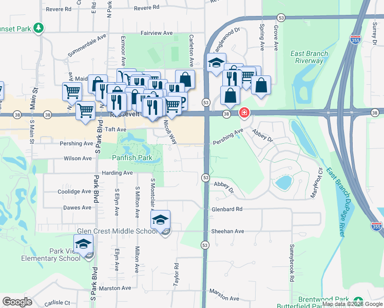 map of restaurants, bars, coffee shops, grocery stores, and more near 778 Wilson Avenue in Glen Ellyn