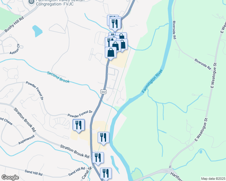 map of restaurants, bars, coffee shops, grocery stores, and more near 13 Nutmeg Court in Simsbury