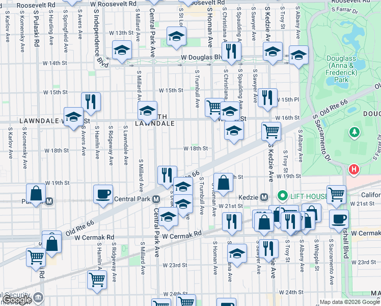 map of restaurants, bars, coffee shops, grocery stores, and more near 1807 South Saint Louis Avenue in Chicago